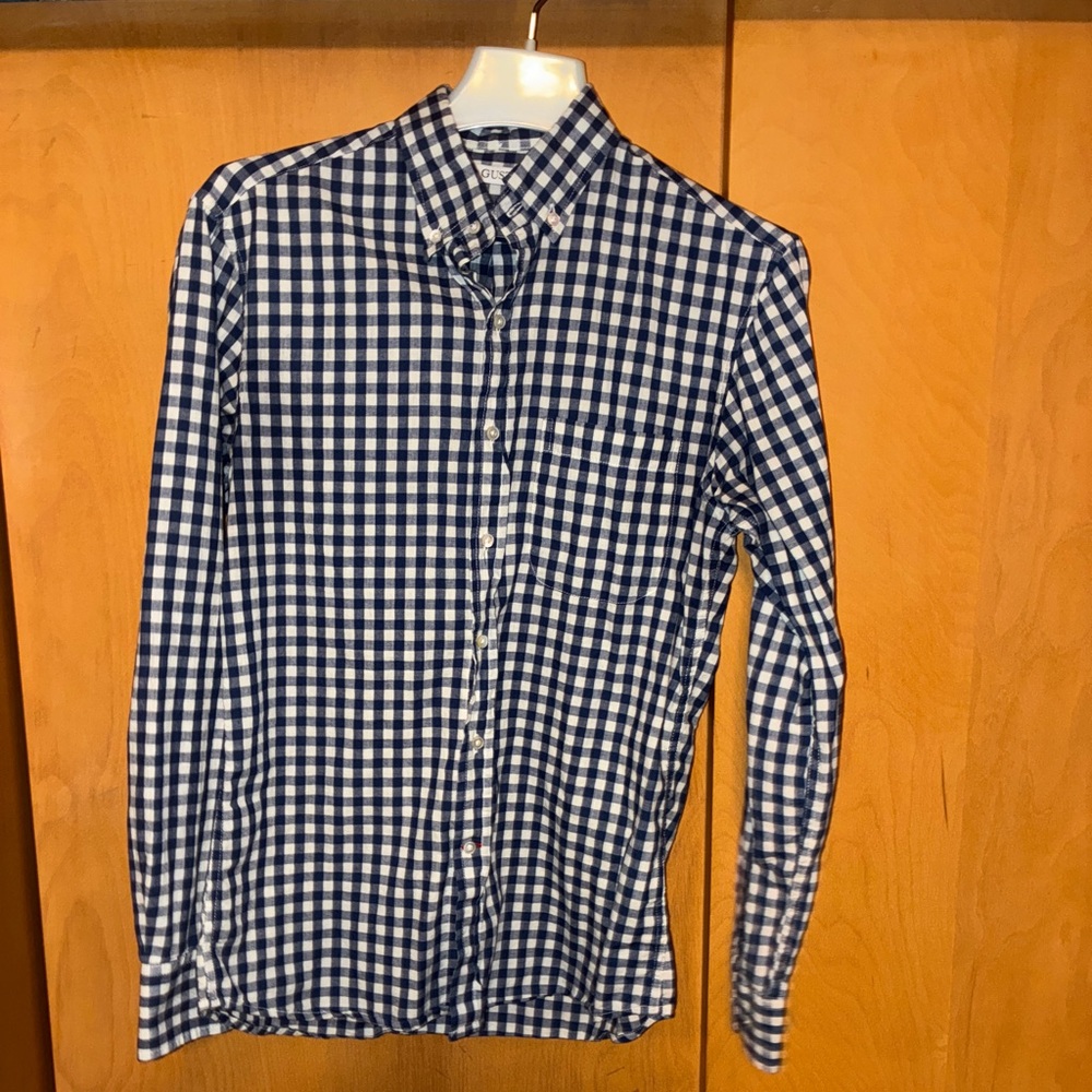 Gustin Men’s Navy and White Gingham Button Down Shirt - 100% Cotton- size small